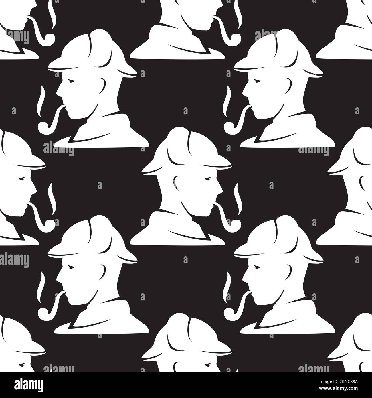seamless pattern silhouette of vintage man in hat with tobacco pipe on black background. Vector image Stock Vector