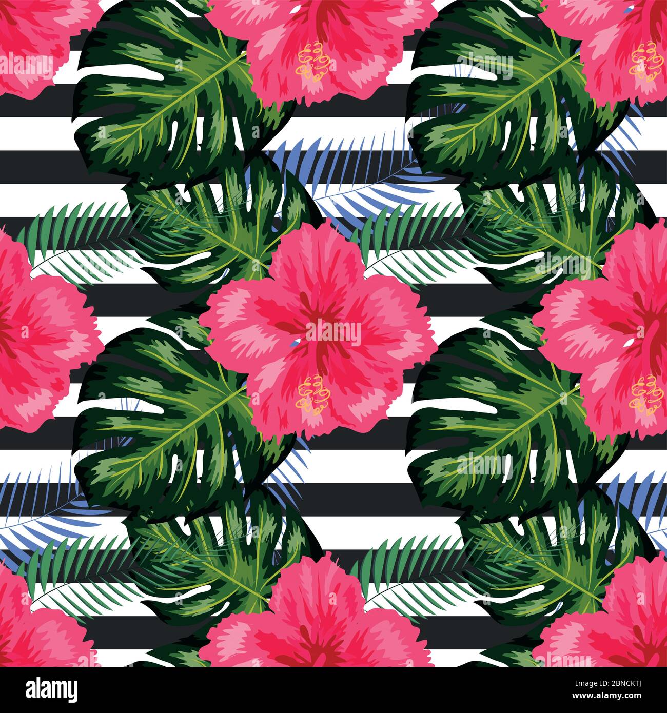 tropical illustration monstera plants leaves flowers hibiscus seamless ...