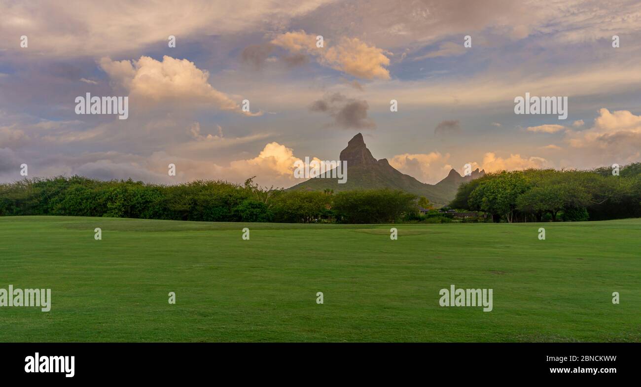 The View from the Tamarin Golf Course on the Island of Mauritius with the  magnificent Rempart Mountain in the background Stock Photo - Alamy