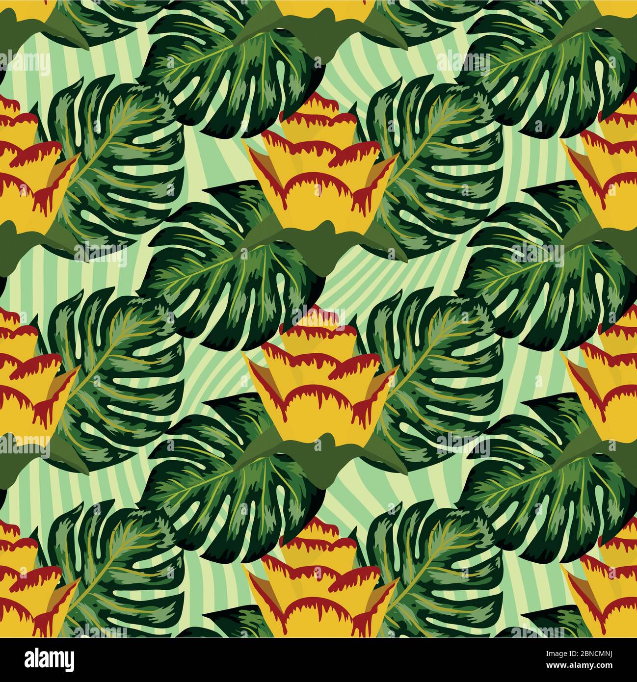 Summer seamless tropical pattern with bright yellow and pink plants and leaves. Stock Vector