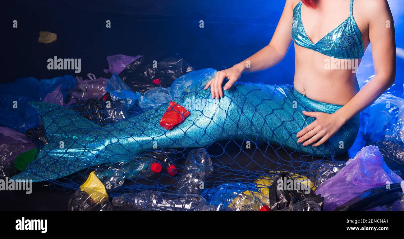 Ocean pollution, rubbish in the water. Close-up of fairytale mermaid in  dirty ocean. Plastic trash and garbage in water. Environmental problem  Stock Photo - Alamy