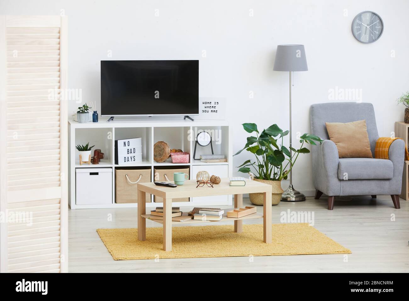 Image of modern furniture and big TV in the domestic room in apartment Stock Photo