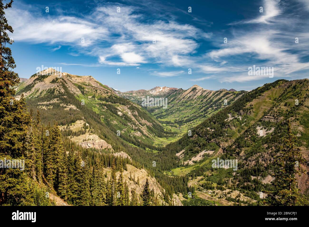 View of Oh-Be-Joyful Creek drainage from Gunsight Pass Road, Gunnison National Forest, near Crested Butte, Colorado USA Stock Photo