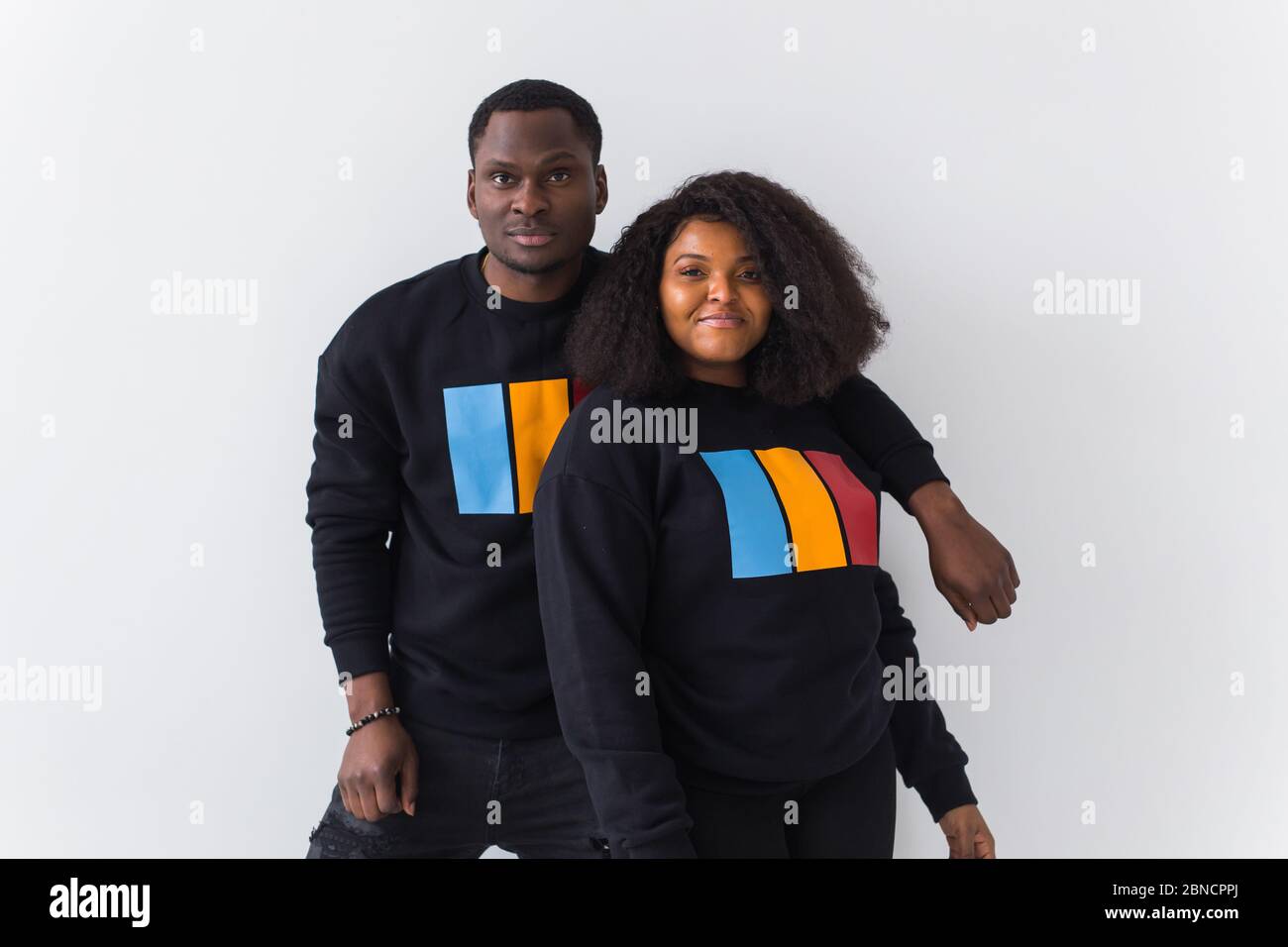 Happy African American woman and man have relationships, toothy smile ...