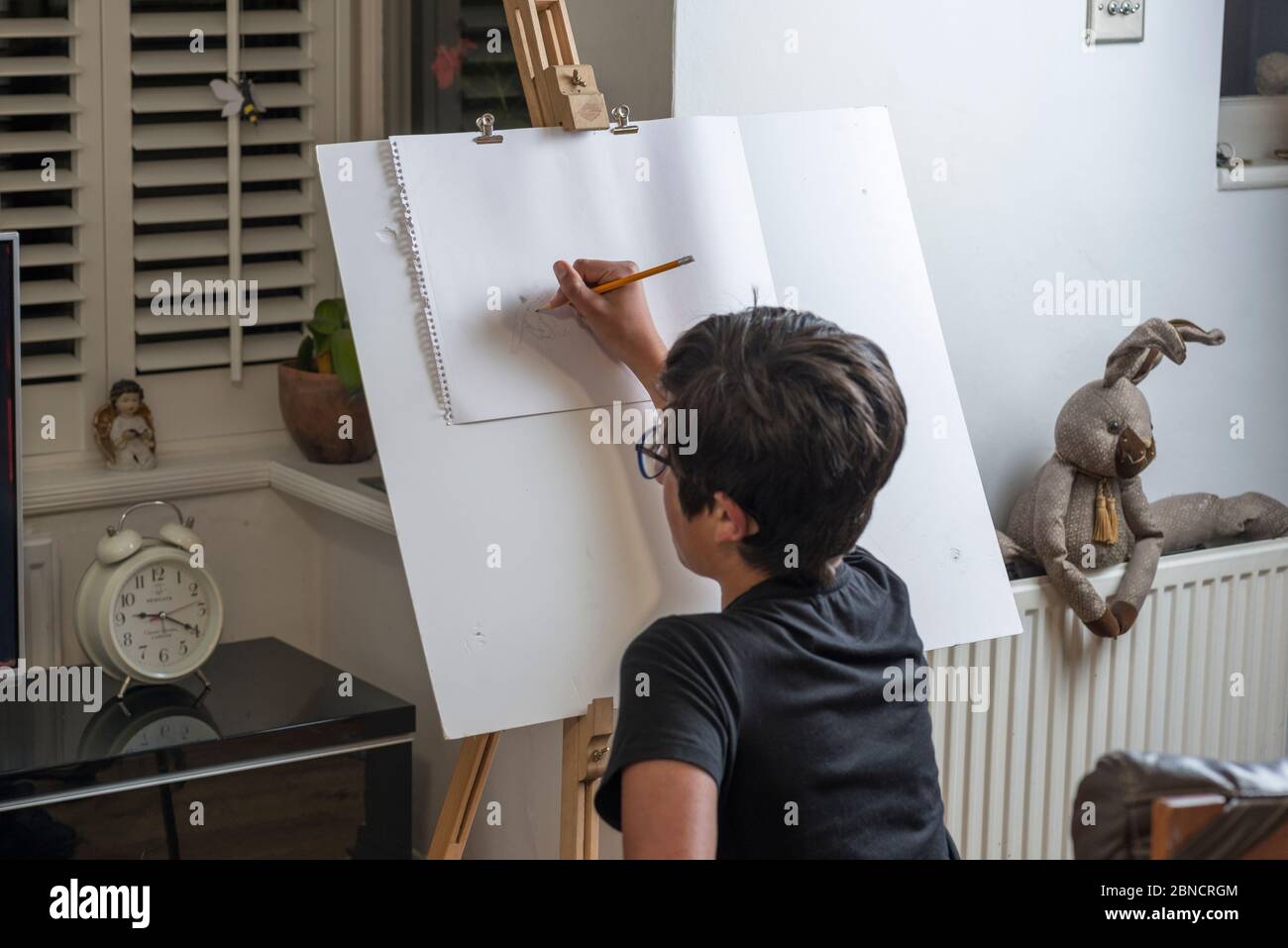 Young boy, 13, having a drawing lesson. Art class Stock Photo