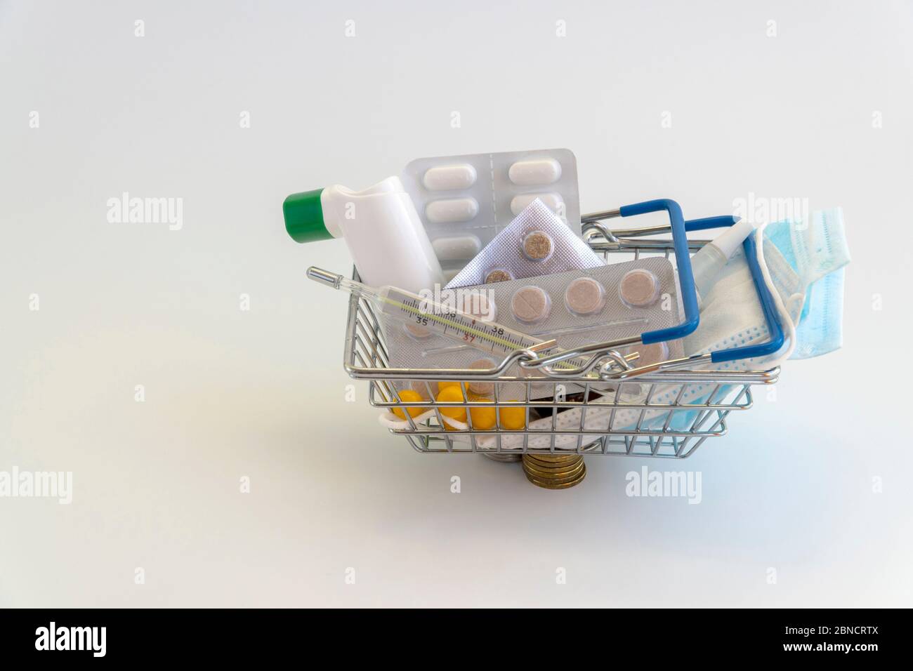 market basket with medications. Pharmacy Shopping Concept Stock Photo