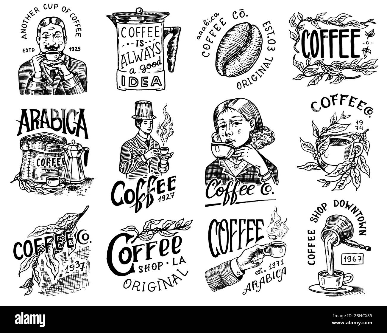 Coffee shop logo and emblem. Cacao beans, grains, cup of drink. Man and girl holds a mug. Vintage retro badges set. Templates for t-shirts, typography Stock Vector