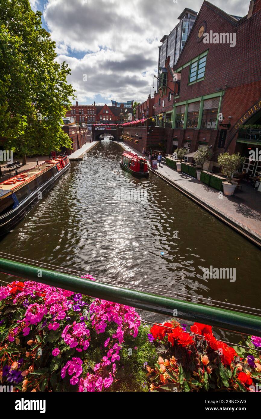 The Birmingham Canal Old Line from the bridge at Brindley Place looking towards Broad Street, Birmingham, England Stock Photo