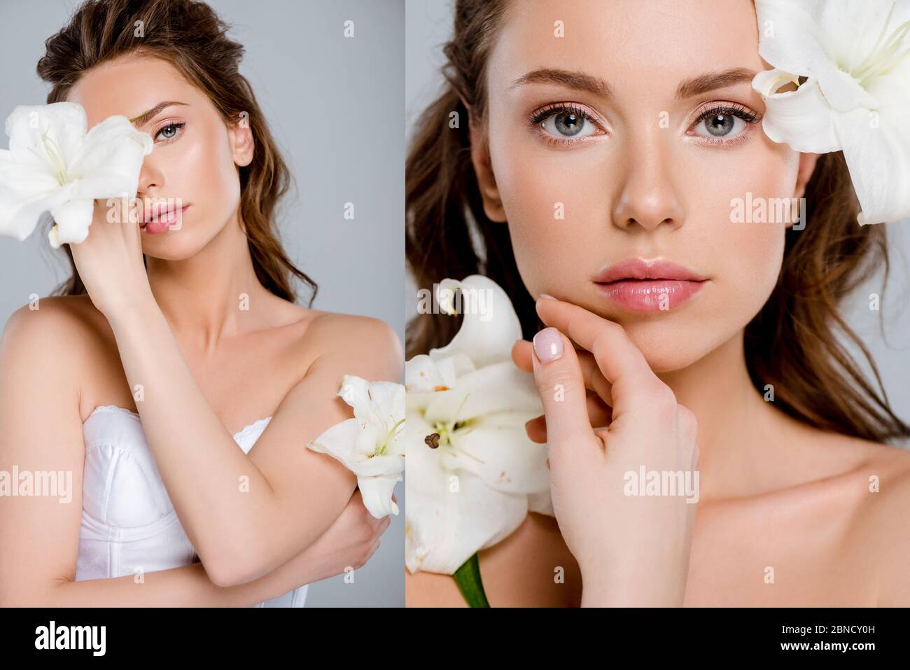 collage of beautiful girl touching face near white flowers isolated on grey Stock Photo