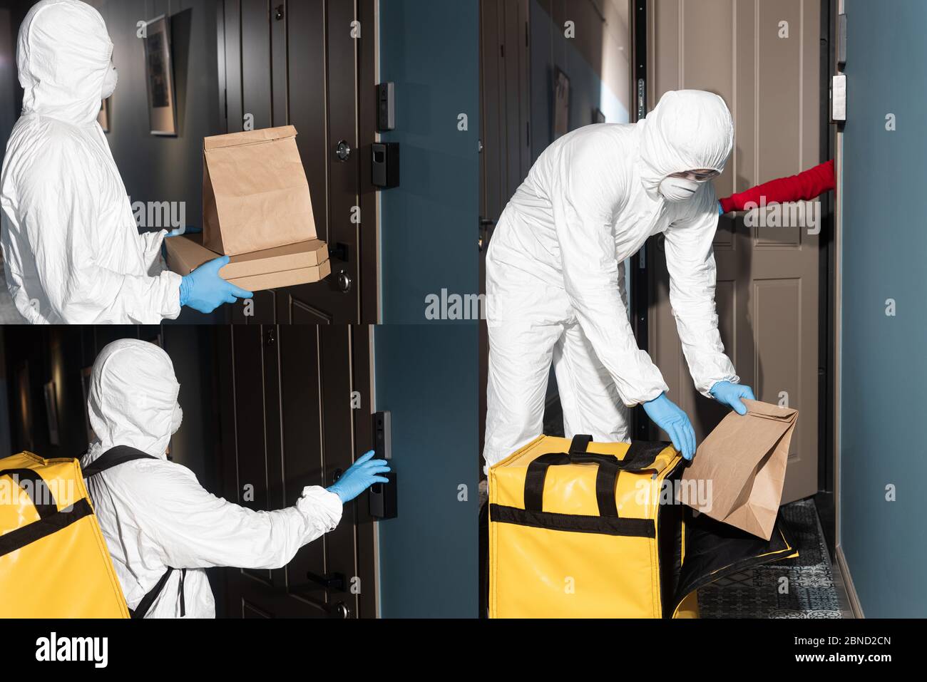 Collage of courier in hazmat suit and medical mask ringing in doorbell and holding package with pizza boxes near door Stock Photo