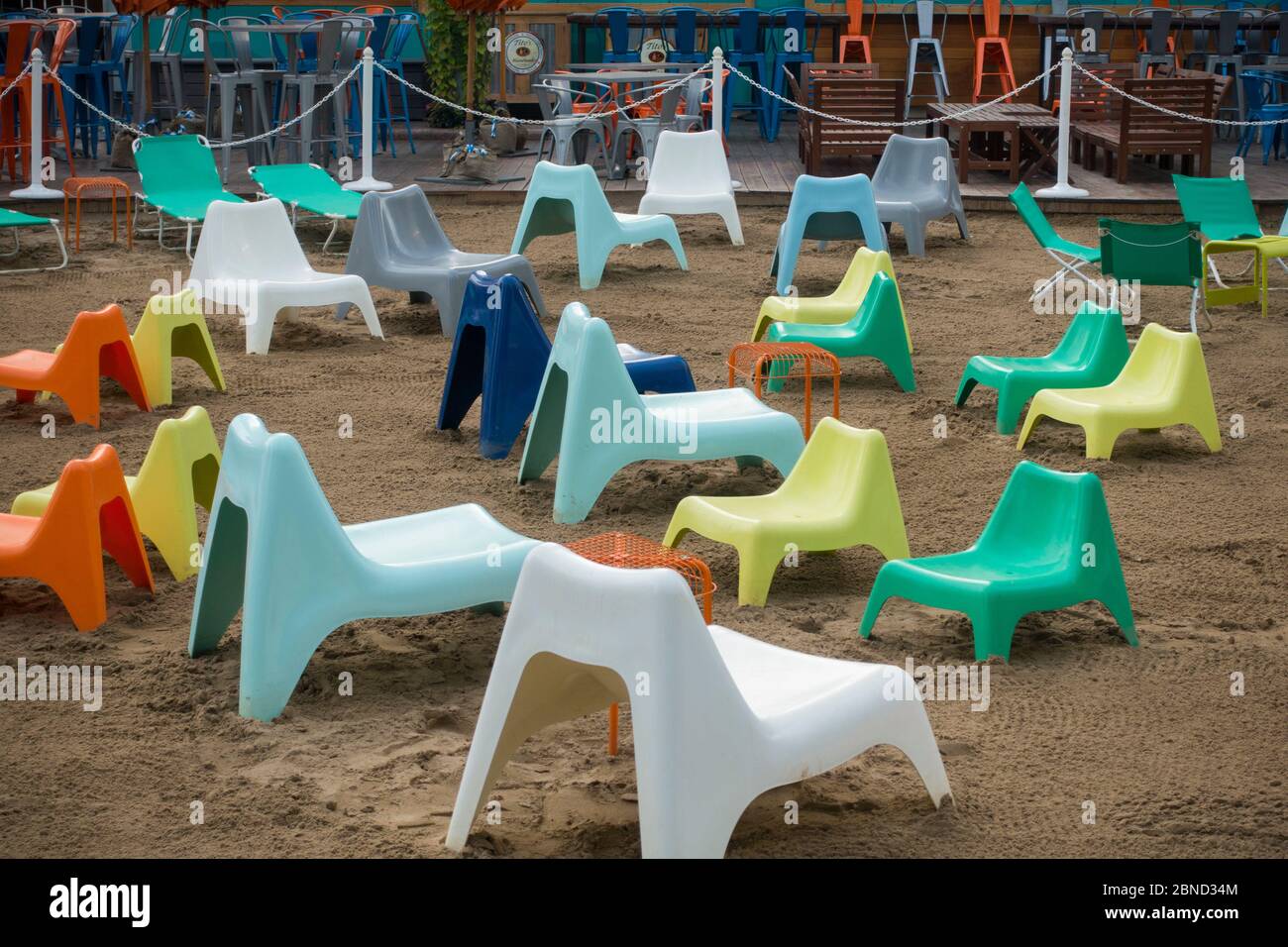 chairs in the sand for an outside bar in Detroit Michigan Stock Photo