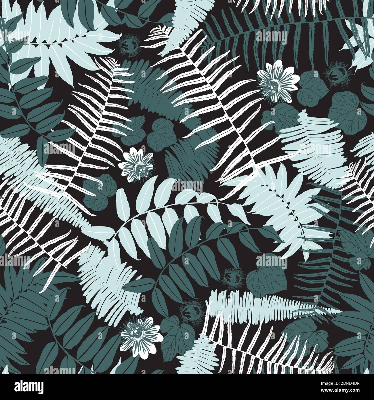 Vector black green mint jungle ferns seamless repeat pattern. Suitable for fabric, wallpaper and gift wrap. Stock Vector