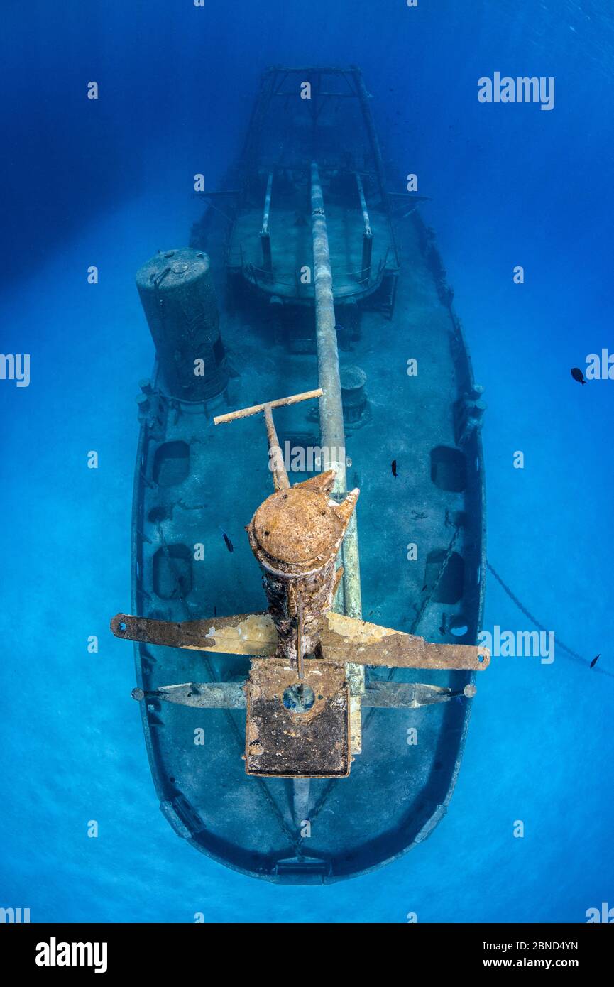 Stern of the USS Kittiwake wreck. Seven Mile Beach, Grand Cayman, Cayman Islands, Caribbean Sea. Stock Photo