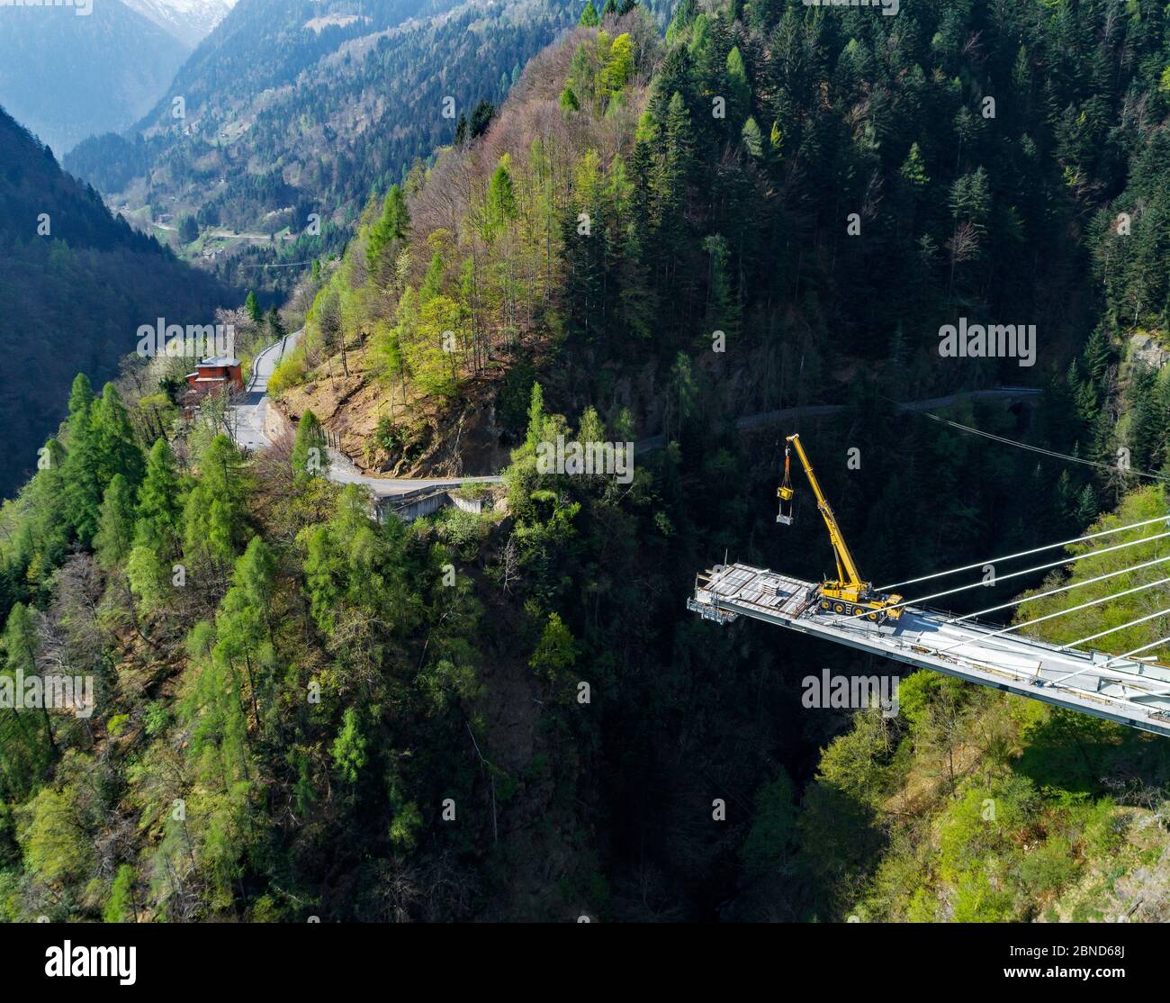 Valgerola - Valtellina (IT) - Panoramic aerial view of the cable-stayed bridge under construction - 2017 Stock Photo