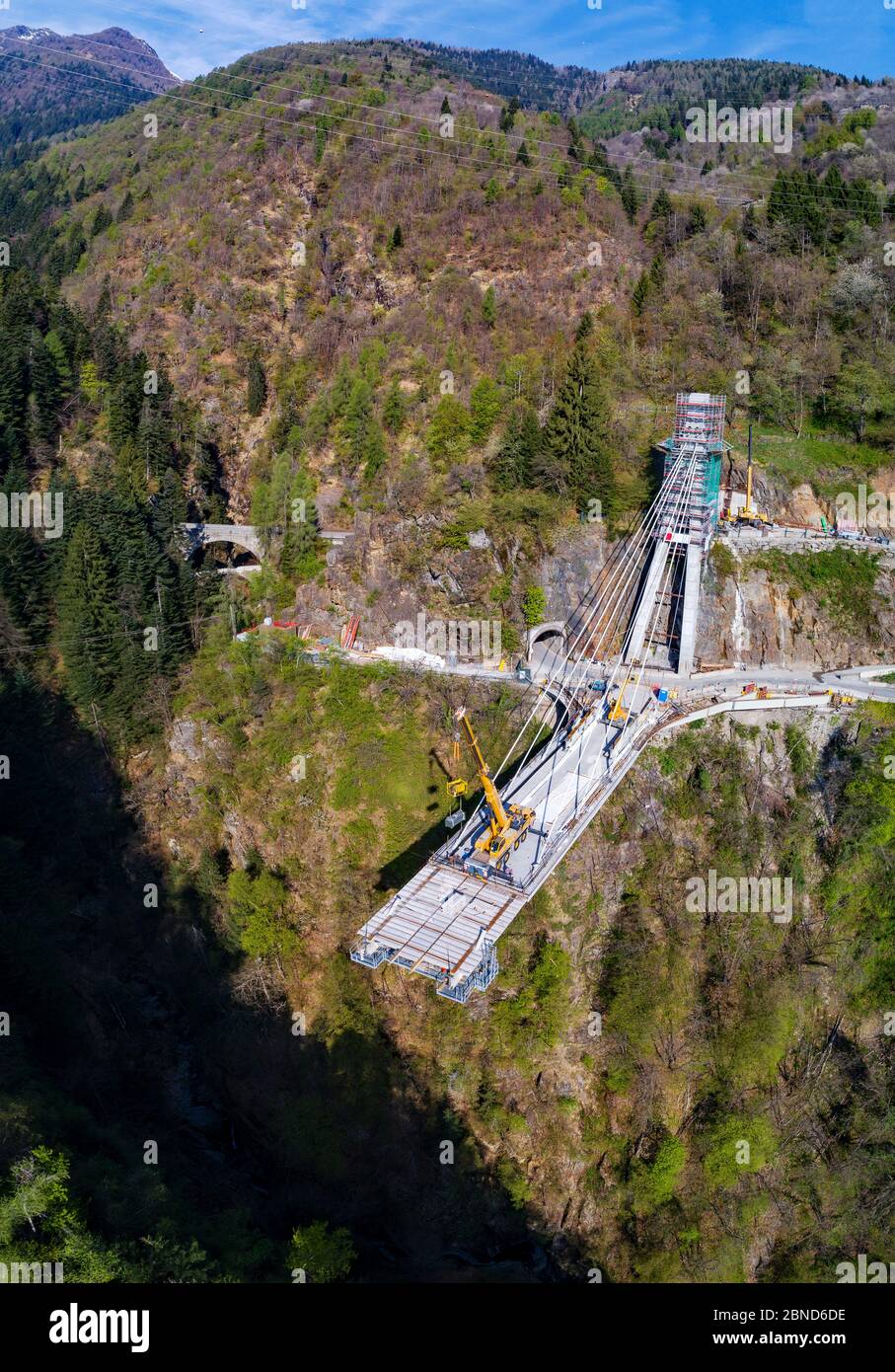 Valgerola - Valtellina (IT) - Panoramic aerial view of the cable-stayed bridge under construction - 2017 Stock Photo