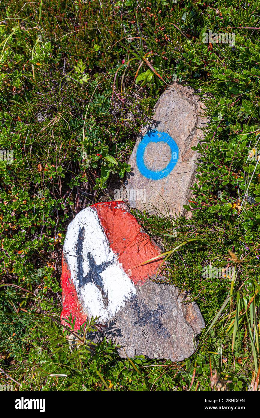 Hiking Trail Marks with number 4 and 0 in Alto Adige, Italy Stock Photo