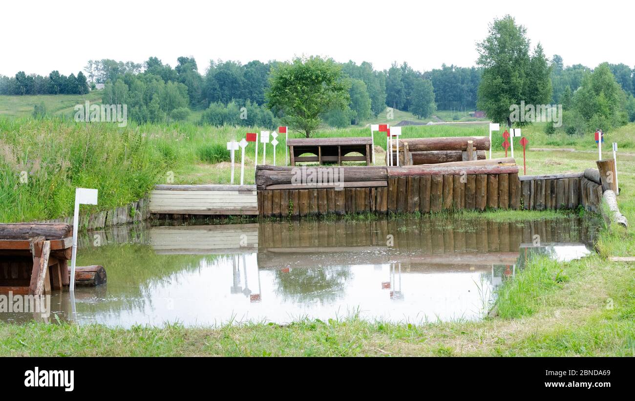 A cross-country a water fences obstacles on a cross country course Stock Photo