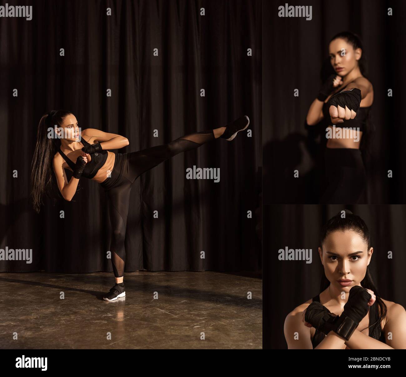 Punching Position Collage of sportswoman in fighting position kicking with leg and ...
