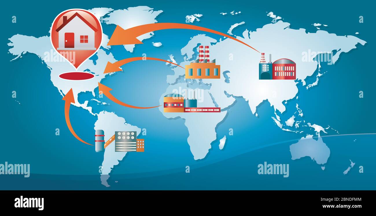 Re-shoring concept. Local production. Factories companies come home. Increased protectionism.Local production self-sufficiency. Automated supply chain Stock Vector