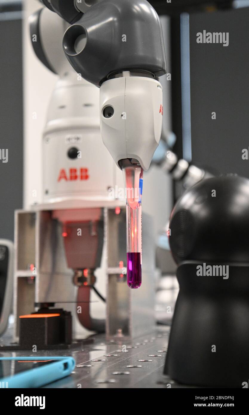 Brno, Czech Republic. 14th May, 2020. The robot from BUT (Brno University  of technology) will prepare COVID-19 samples at the Brno University  Hospital. Researchers from the Department of Automation and Informatics,  Faculty