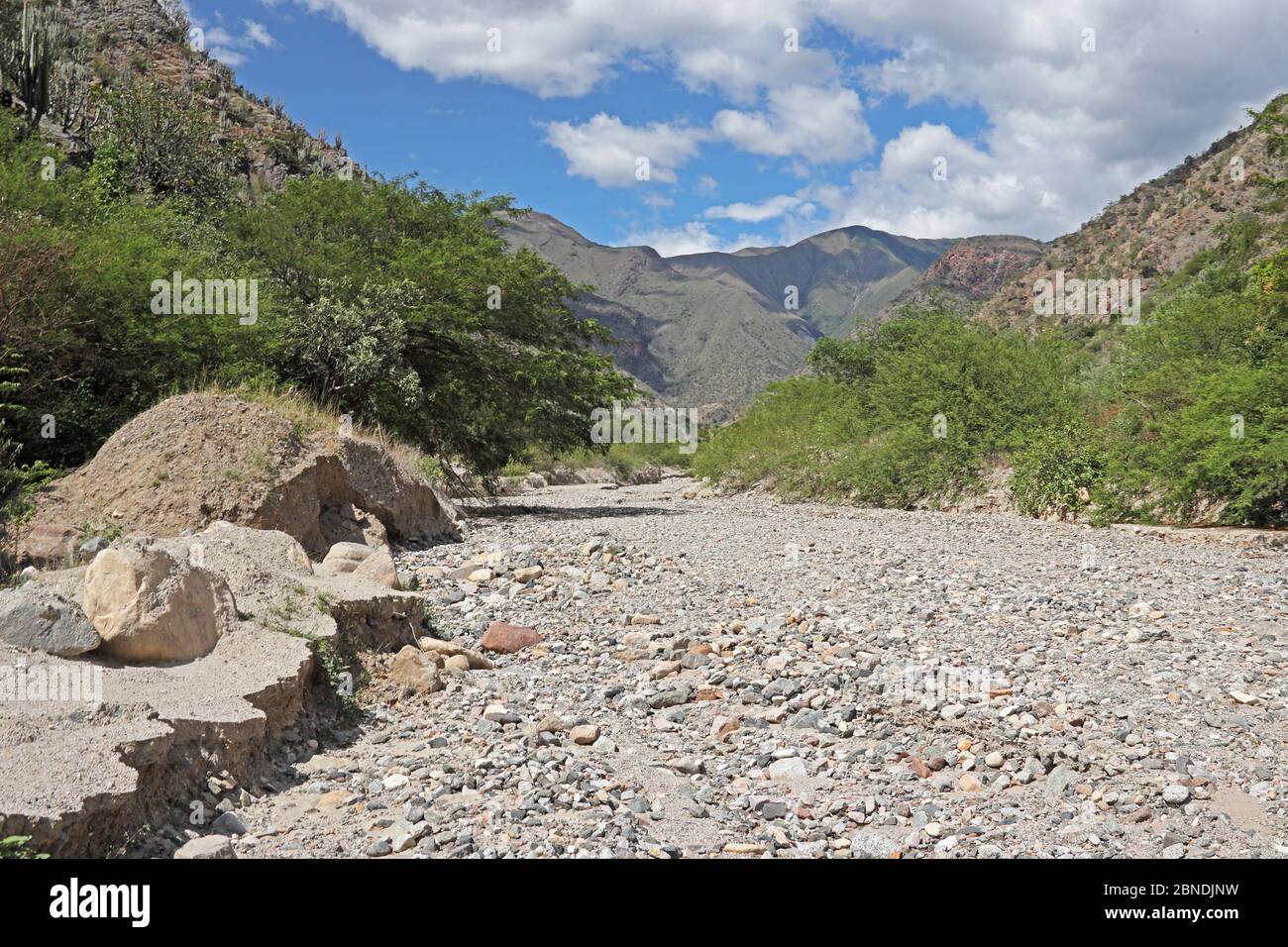 view along dried section of riverbed  Maranon River, Balsas, Peru                 March Stock Photo
