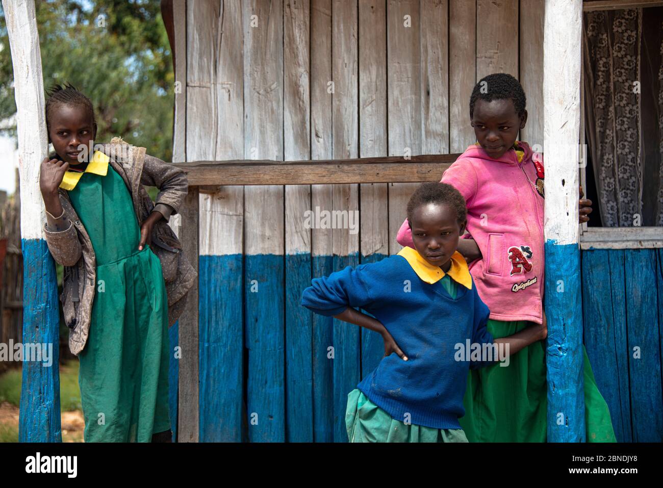 Kenya girls in school uniforms in the streets of Dol Dol, Kenya Stock