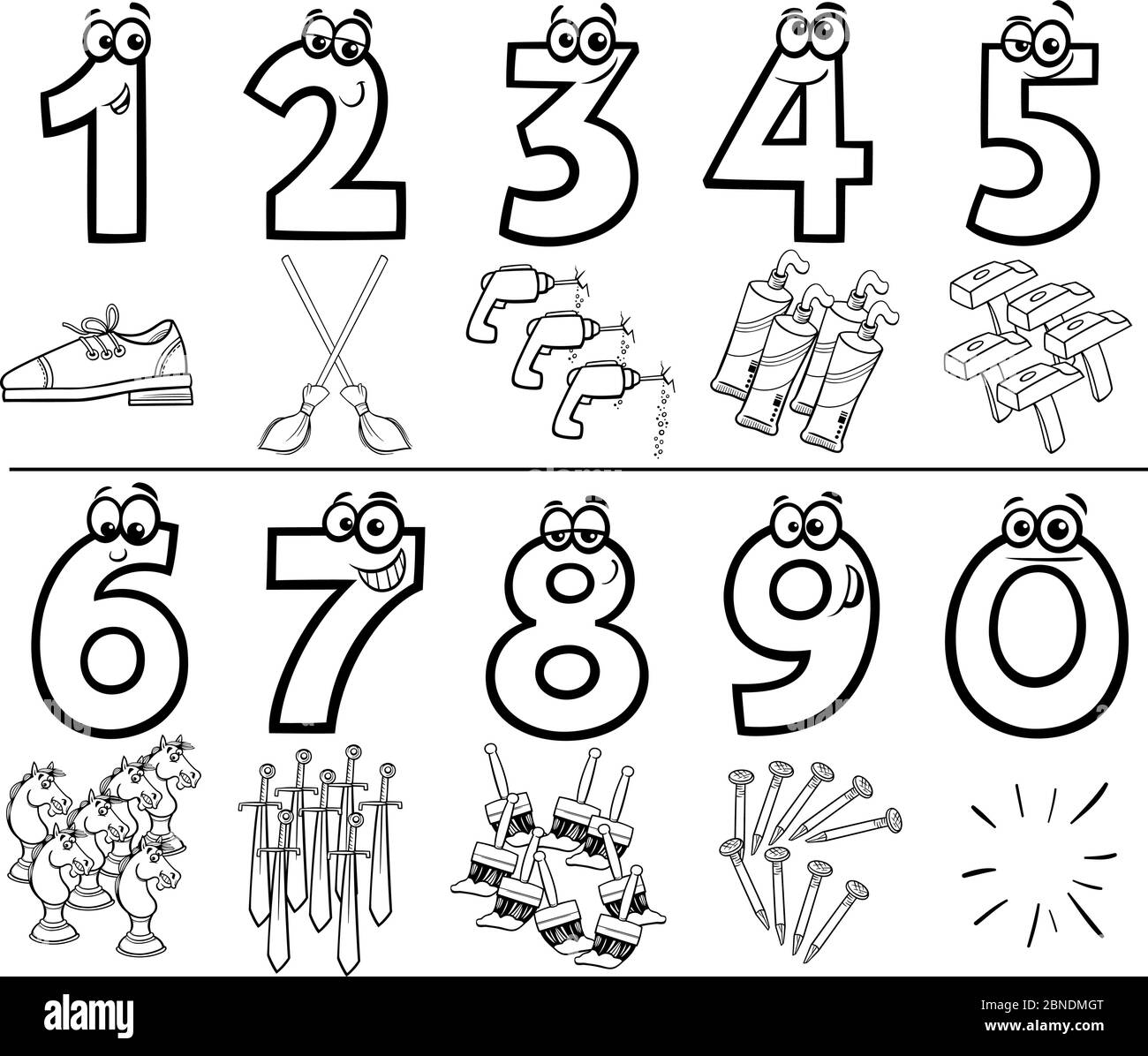 Black and White Cartoon Illustration of Educational Numbers Set from One to Nine with Objects Coloring Book Page Stock Vector