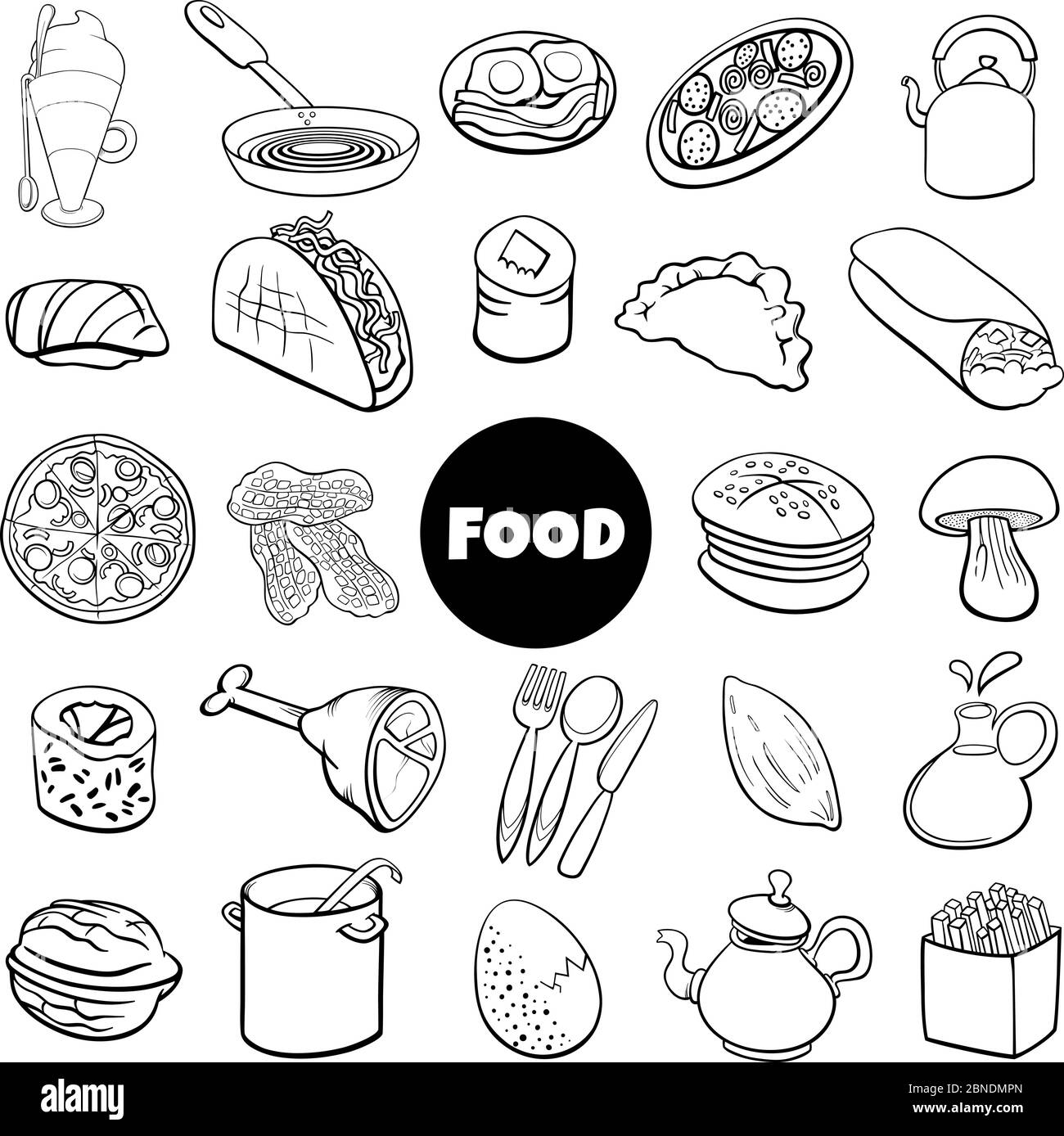 Black and White Cartoon Illustration of Food Objects Big Set Stock Vector