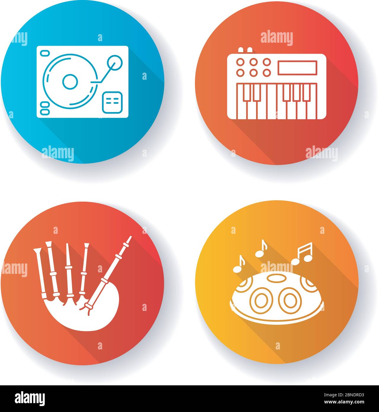 Musical instruments flat design long shadow glyph icons set Stock Vector