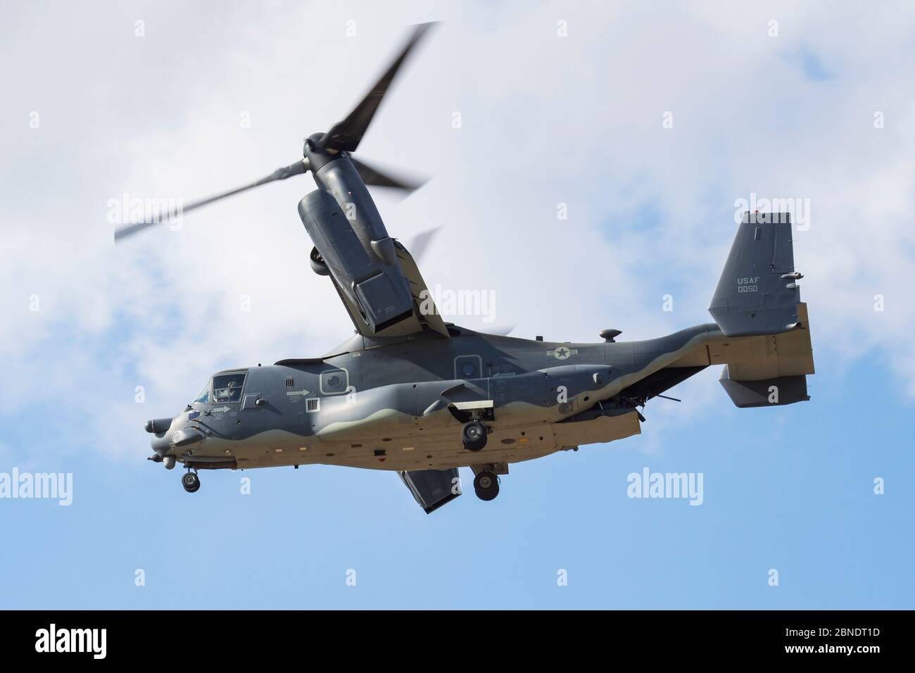 FAIRFORD / UNITED KINGDOM - JULY 12, 2018: United States Air Force USAF Boeing CV-22B Osprey 08-0050 convertiplane arrival and landing for RIAT Royal Stock Photo