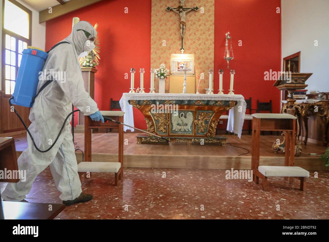 May 14, 2020: 14 May 2020 (Malaga) The disinfection company Fearral carries out cleaning and disinfection work in the Church of Santa MarÃ-a Inmaculada in Torre de BenagalbÃ³n del RincÃ³n de la Victoria altruistically due to the coronavirus crisis Credit: Lorenzo Carnero/ZUMA Wire/Alamy Live News Stock Photo