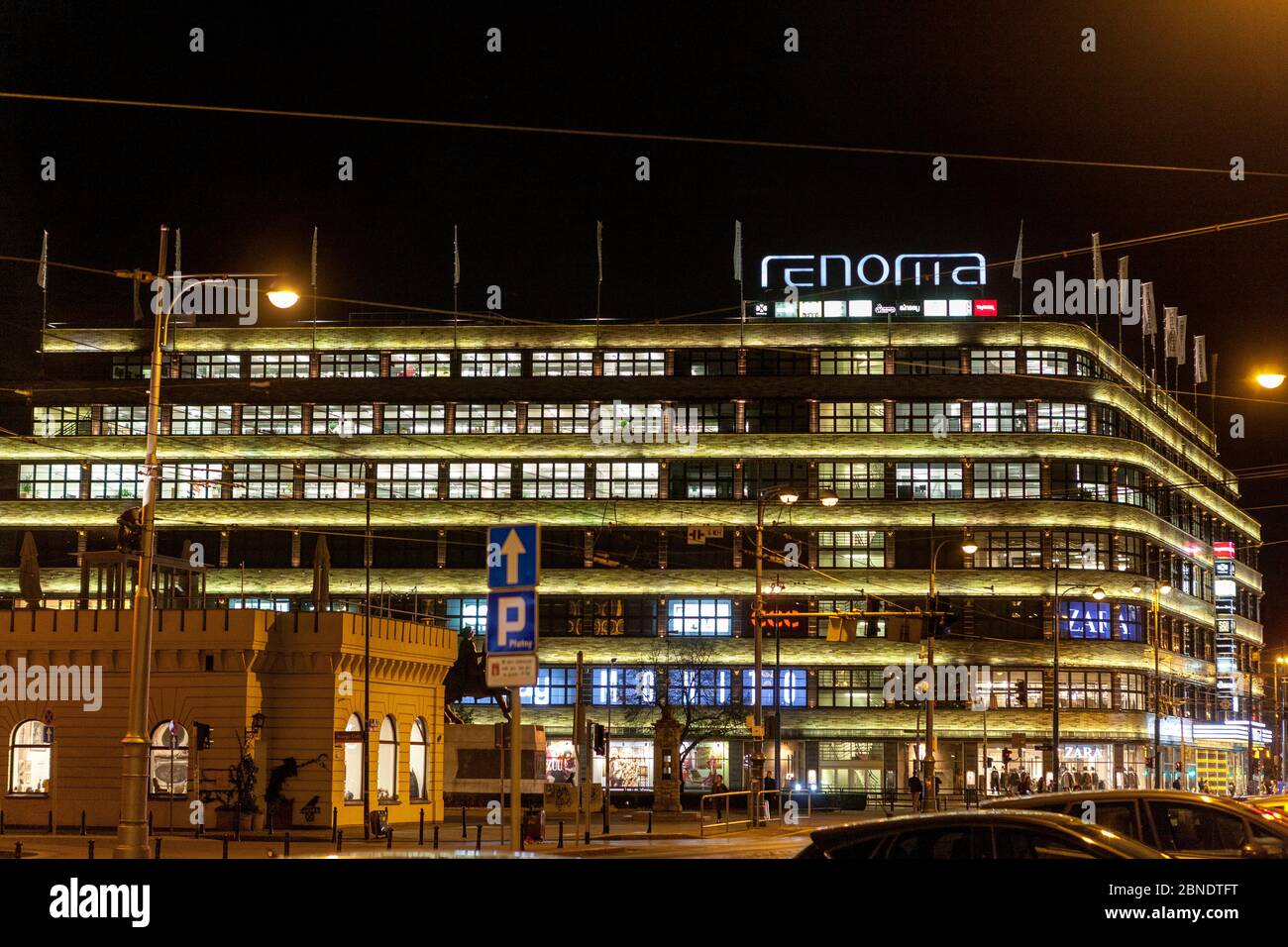 Detail of Renoma Commercial Centre at night, Wroclaw, Poland Stock Photo