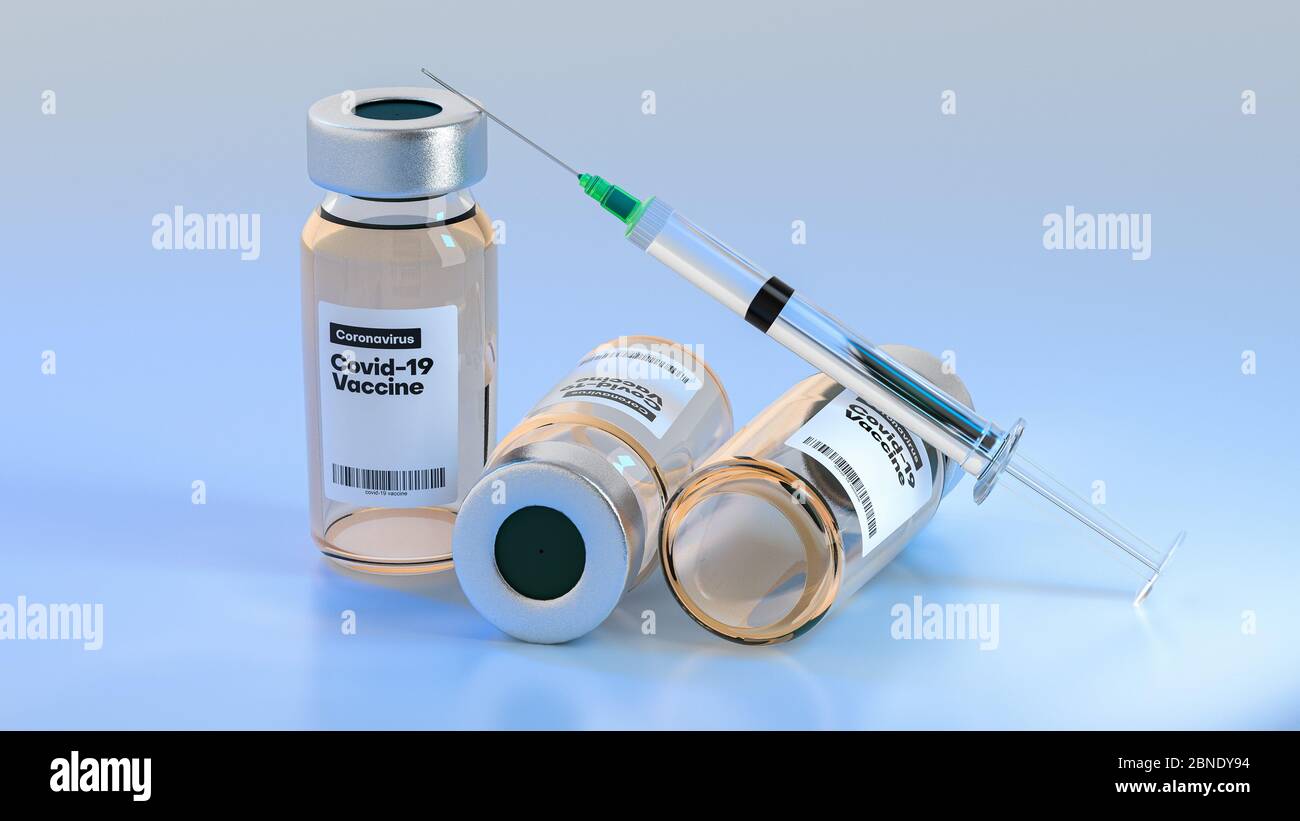 Vials of coronavirus covid-19 vaccine with syringe on blue medical ...