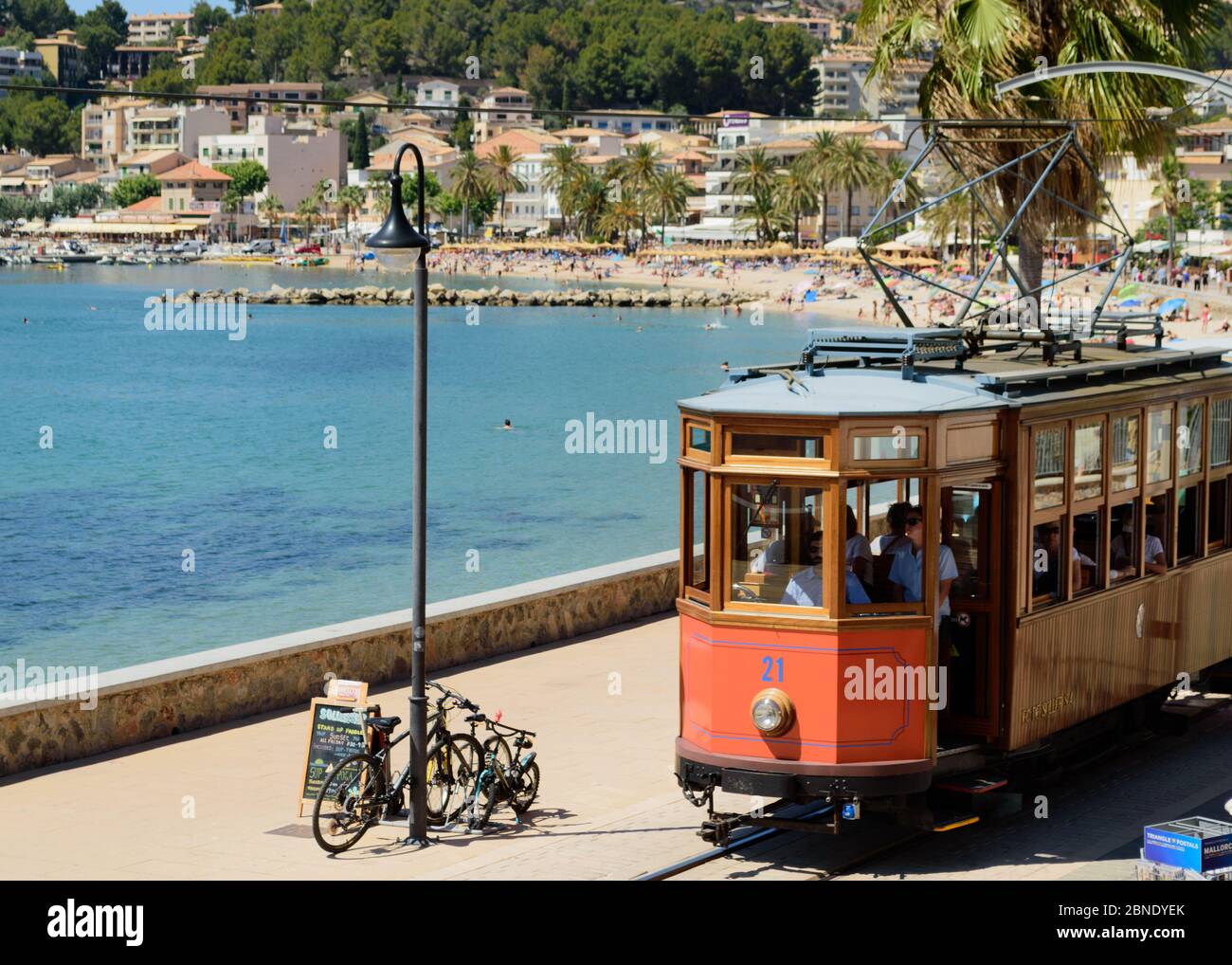 Spain June 18th, 2019 - The classic antique trams of Port Soller, a popular tourist destination in Majorca Stock Photo