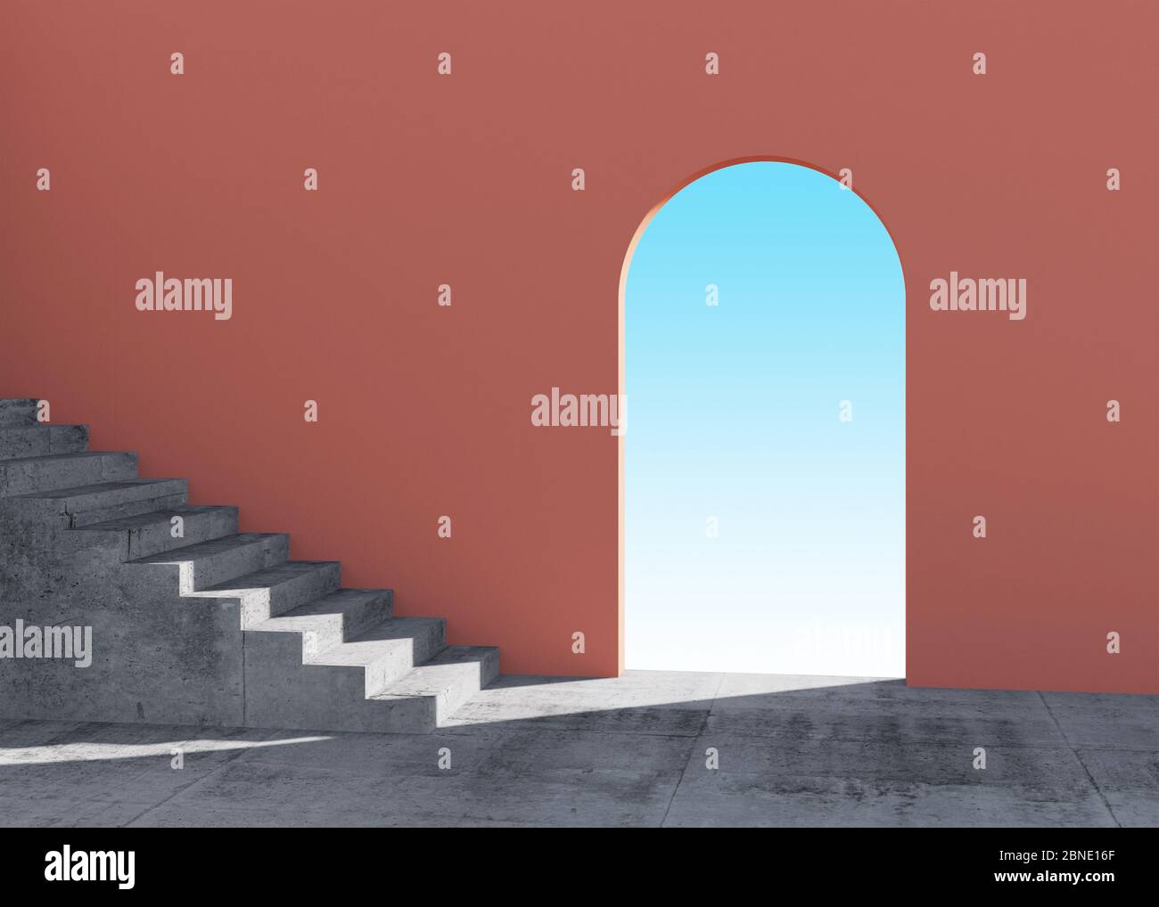 Abstract interior with concrete stairway and empty arch in red wall with blue sky behind, 3d rendering illustration Stock Photo