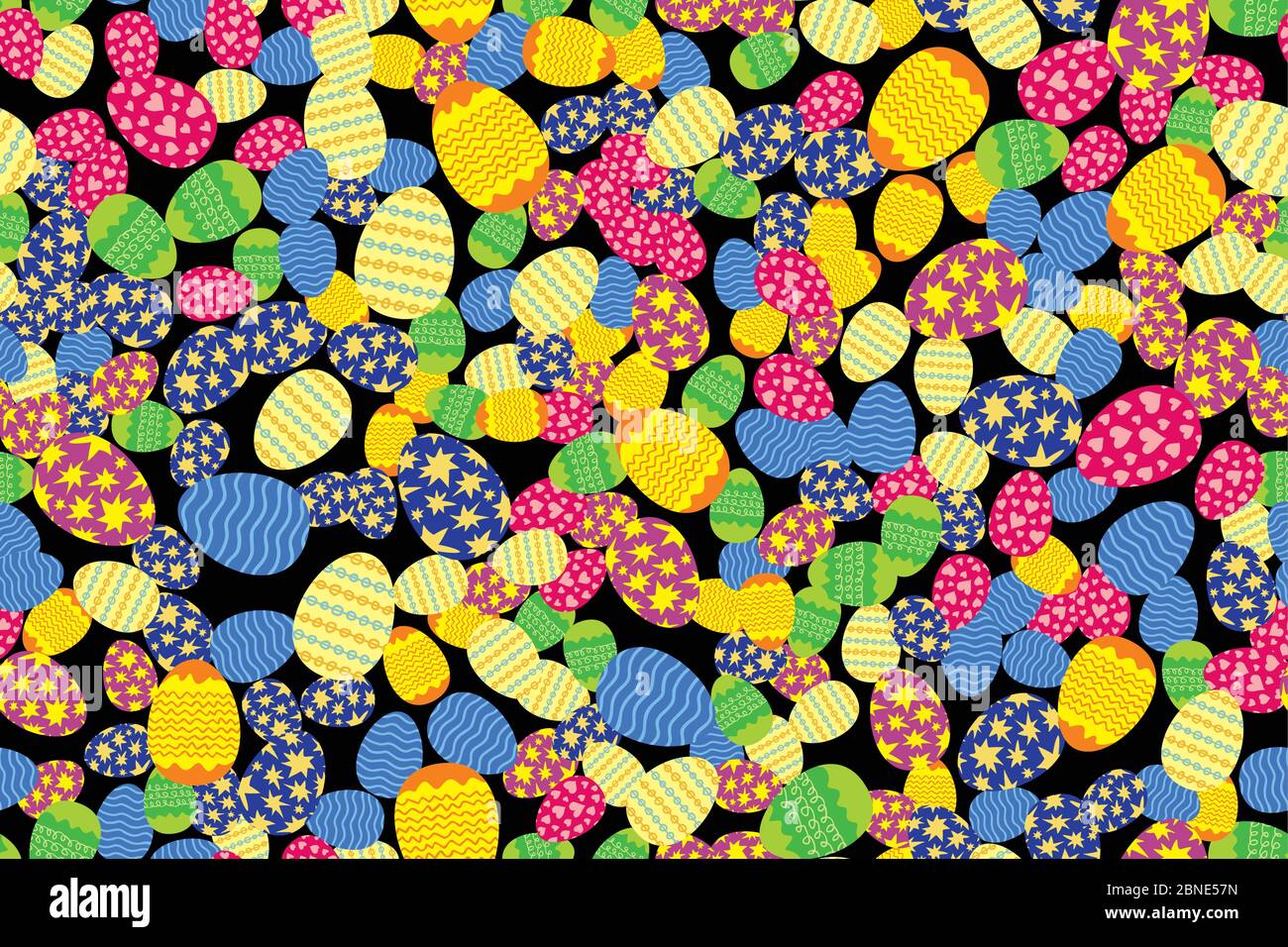 Colorful Easter eggs randomly placed on black background. Christian holiday seamless pattern. Wrapping or greeting card texture. Bright colors vector Stock Vector