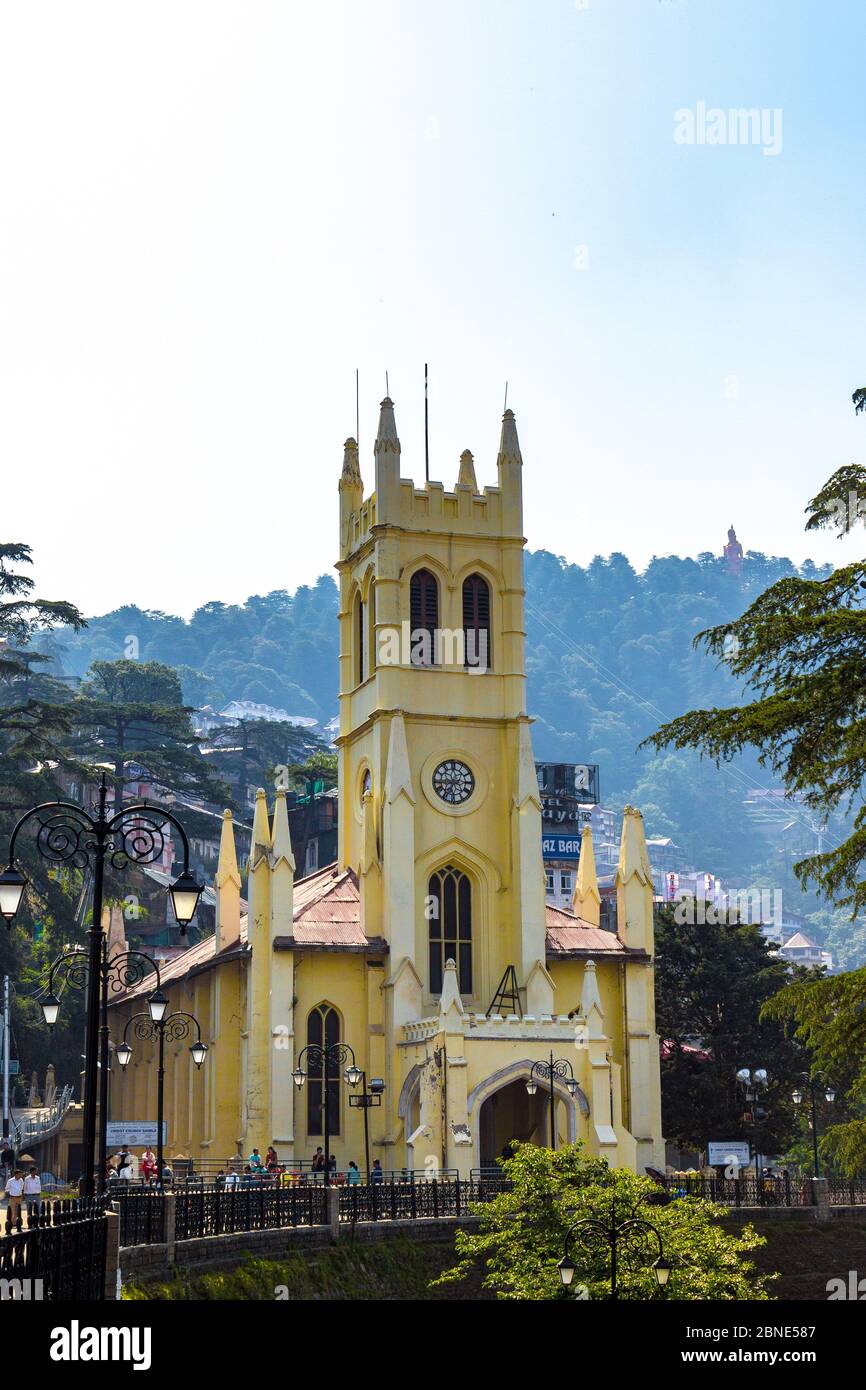 Christ Church on Shimla mall road in Himachal Pradesh, India. The majestic appearance of the church & its stunning location makes it prime attraction. Stock Photo