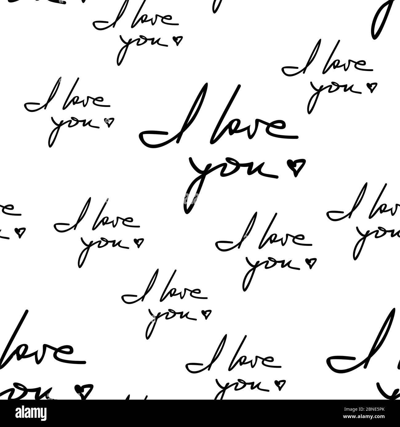I love you hand written phrase seamless pattern. Romantic quotes randomly placed on white background. Wrapping texture suitable for Valentine day gree Stock Vector