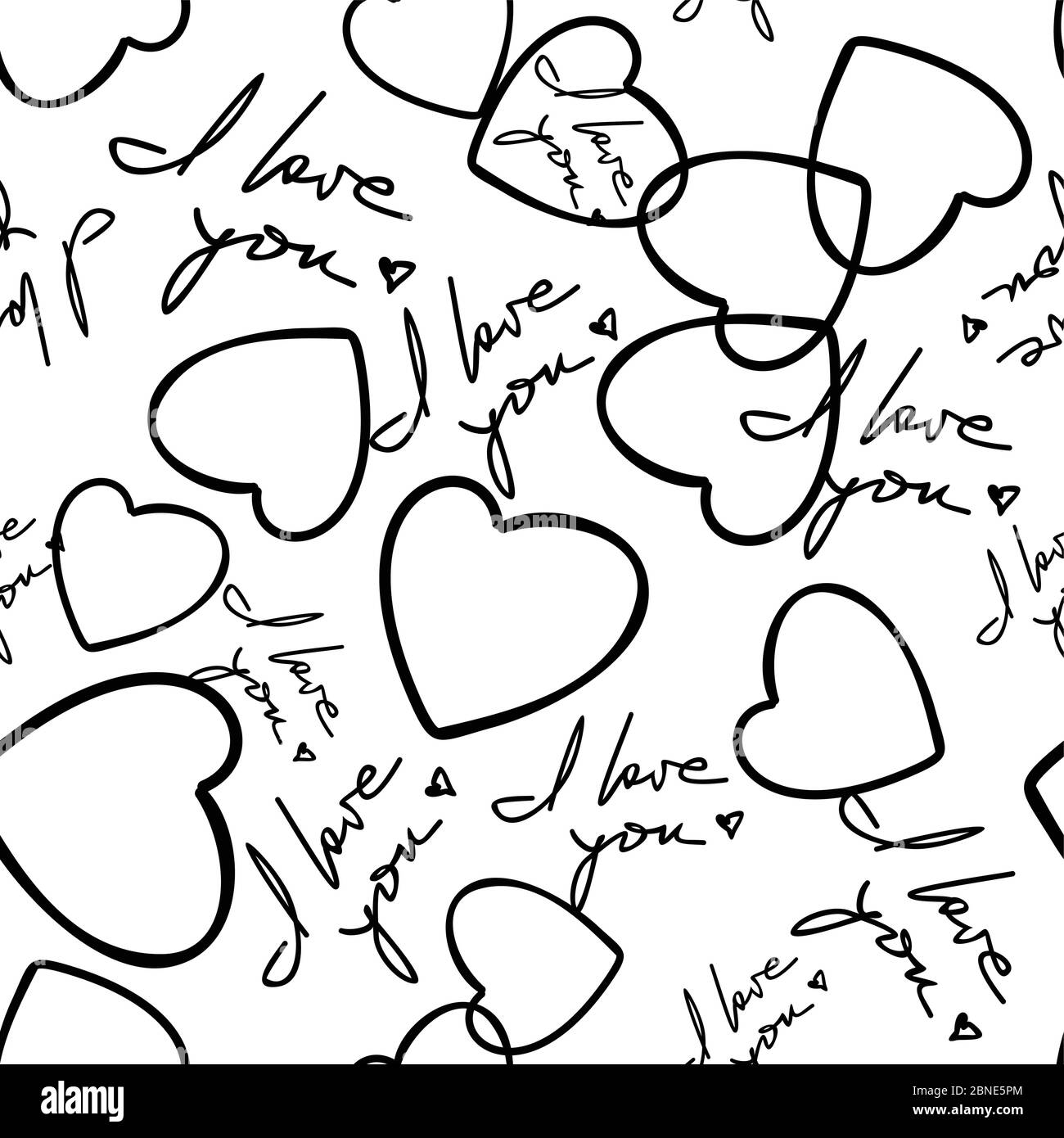 I love you phrase and hearts seamless pattern. Romantic quotes and symbols randomly placed on white background. Wrapping texture suitable for Valentin Stock Vector