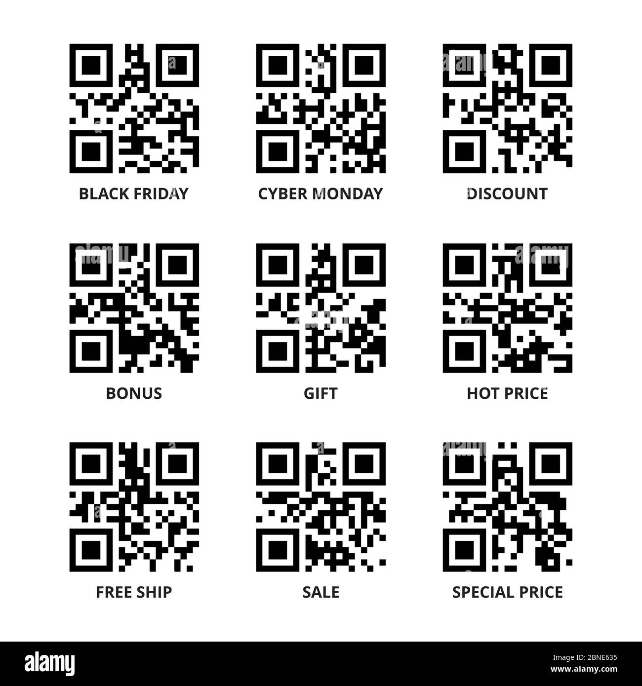 Sale, discount, black friday and other promotional QR codes set. Quick response barcodes with advertisement and special offer texts encoded in it. Rea Stock Vector