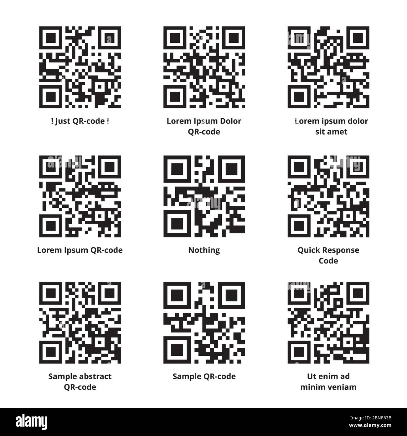 Sample Lorem Ipsum QR code set. Quick response codes with meaningless filler texts encoded in it. Ready to scan. Vector eps8 illustration. Stock Vector