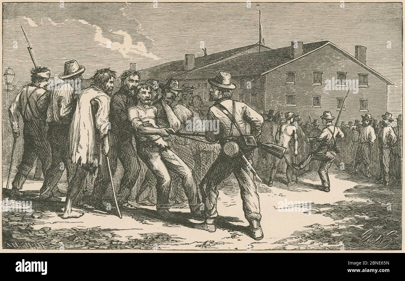 Antique 1866 engraving, the suffering prisoners and the cruel guards at Libby Prison, a Confederate prison in Richmond, Virginia, during the American Civil War. SOURCE: ORIGINAL ENGRAVING Stock Photo