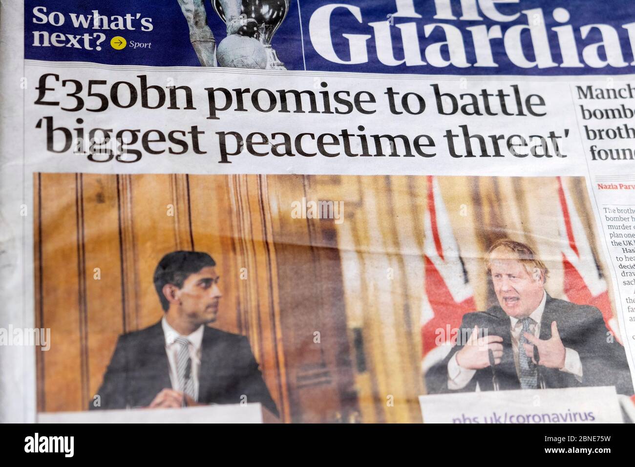 '£350bn promise to battle 'biggest peacetime threat' ' front page newspaper headline in the Guardian 18 March 2020 London England UK Stock Photo