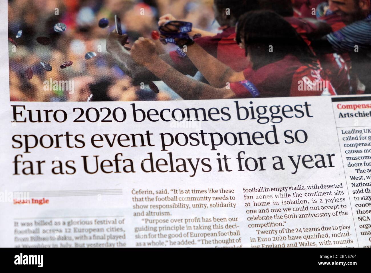 'Euro 2020 becomes biggest sports event postponed so far as Uefa delays it for a year' Guardian newspaper headline article 18 March 2020 London UK Stock Photo