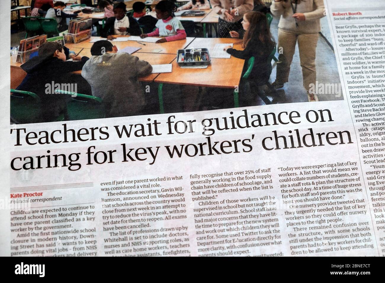 'Teachers wait for guidance on caring for key workers' children' Guardian newspaper headline article clipping 20 March 2020 London UK Stock Photo