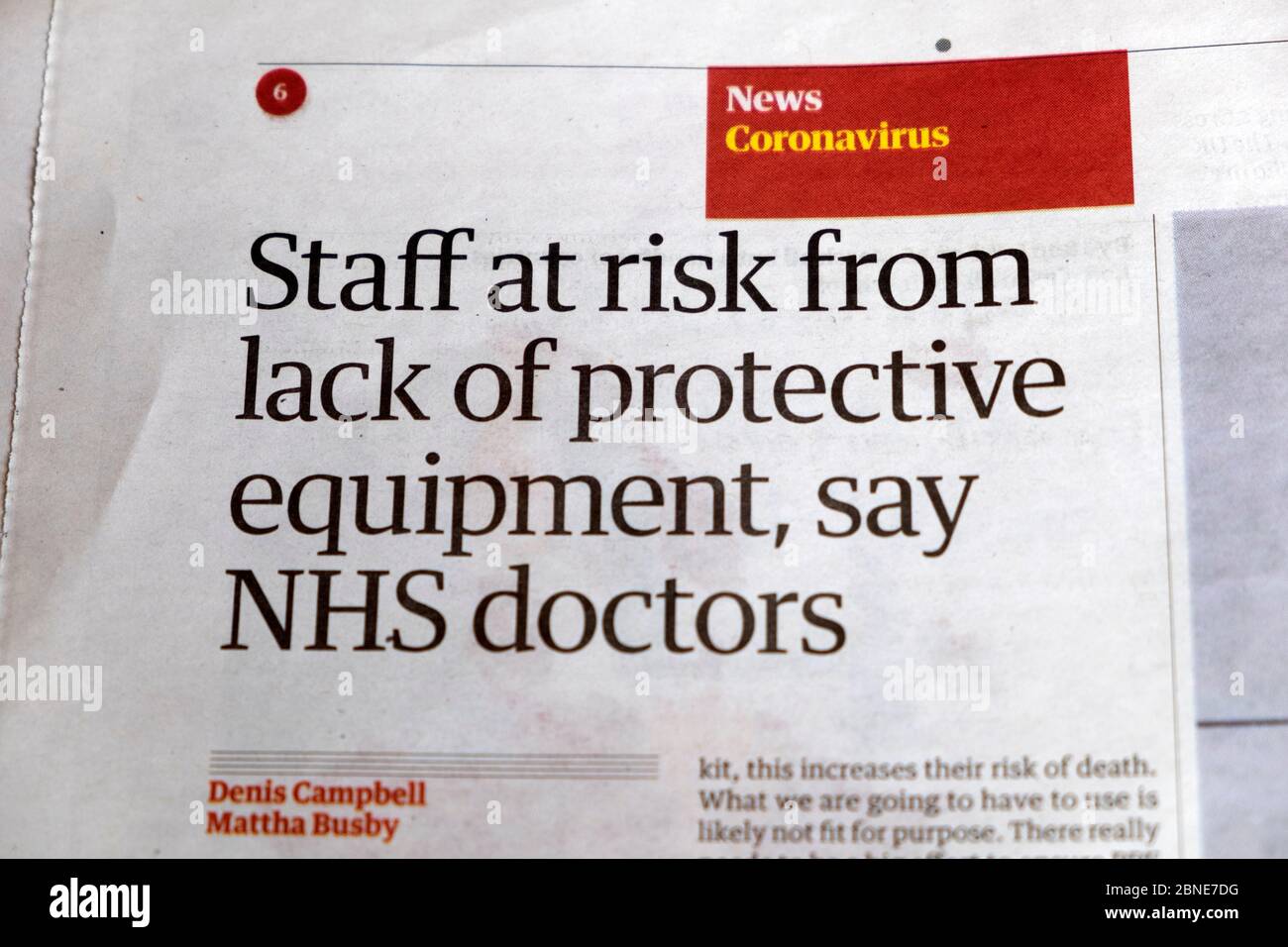 Guardian newspaper inside page coronavirus headline article clipping 'Staff at risk from lack of protective equipment, say NHS doctors'  March 2020 UK Stock Photo