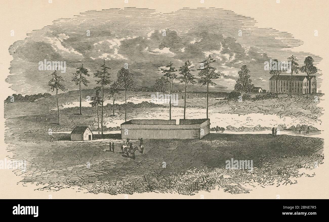 Antique 1866 engraving, “view of officer’s stockade, with rebel hospitals and barracks, and camps in the distance” at Andersonville Prison, a Confederate prisoner of war camp in Andersonville, Georgia, during the American Civil War. SOURCE: ORIGINAL ENGRAVING Stock Photo