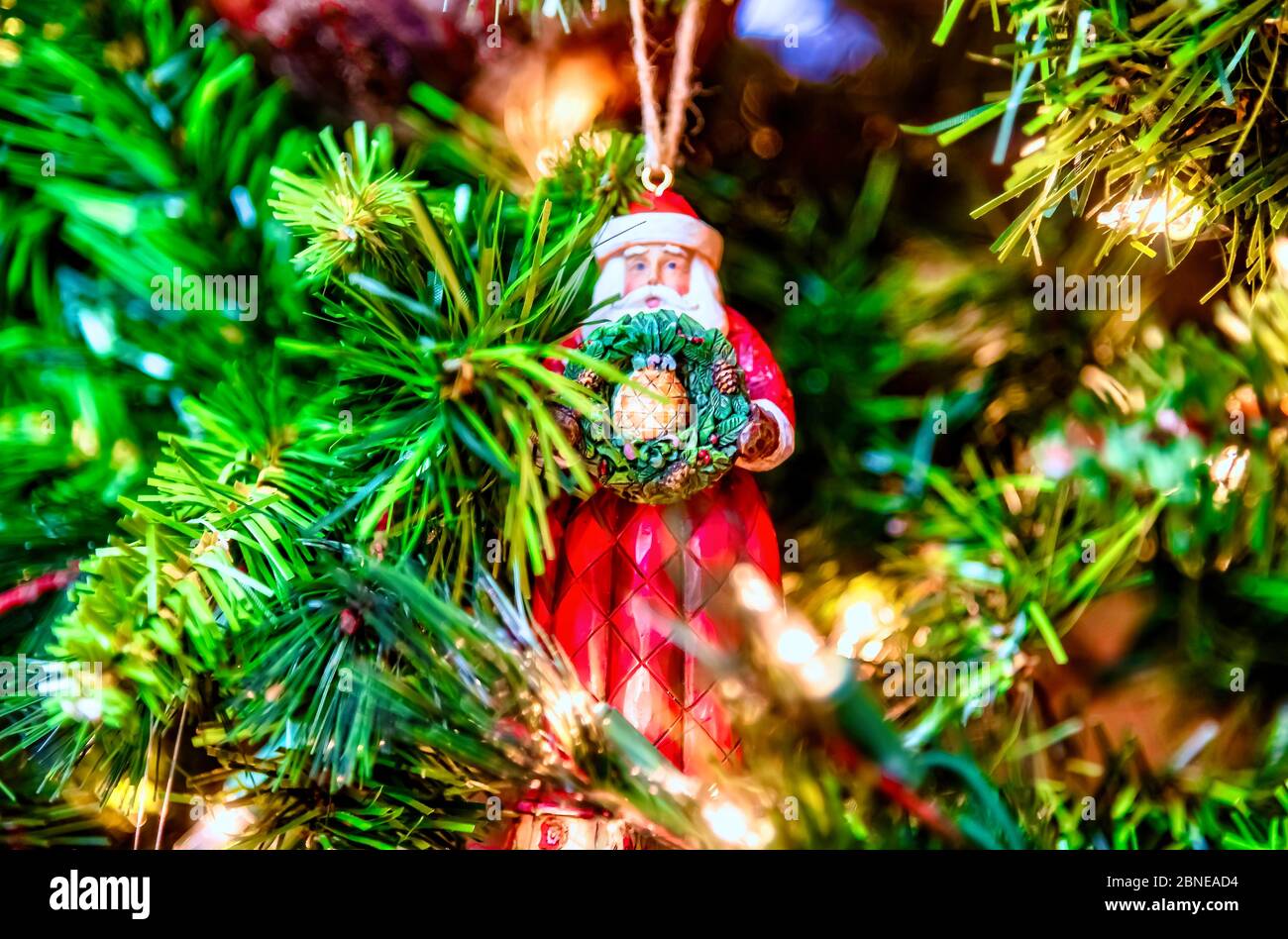 Beautiful closeup of a red Santa and other decorations on a Christmas ...
