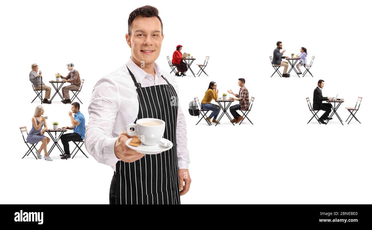 Waiter with a cup of coffee in a cafe with young and elderly people on tables isolated on white background Stock Photo