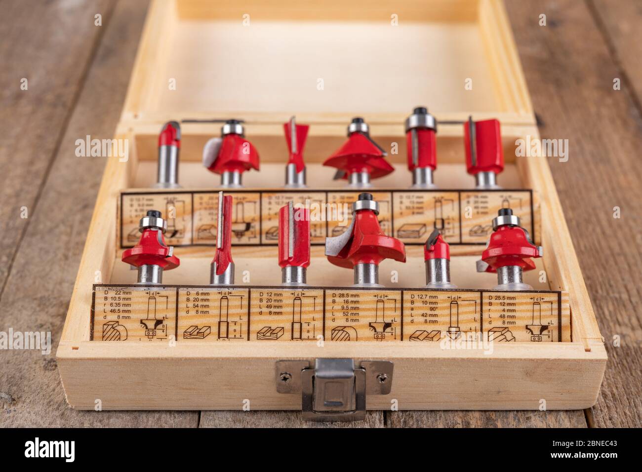 Carpentry cutters arranged in a wooden box. Woodworking accessories in